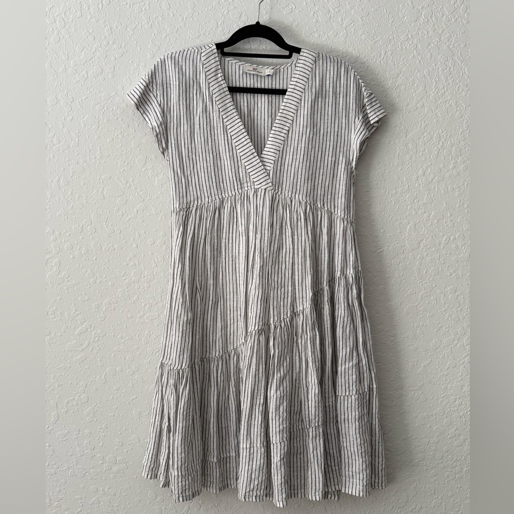 Vineyard Vines Linen Cotton Gray White Striped V-Neck Midi Dress - Small